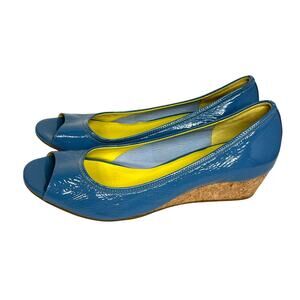 Cole Haan NikeAir Patent Leather Cork Wedge Peep Toe Pumps 10AA Blue Yellow